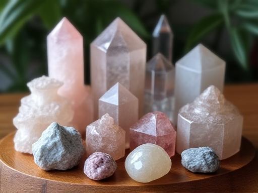 Selezione di quarzi e minerali decorativi su una superficie di legno.