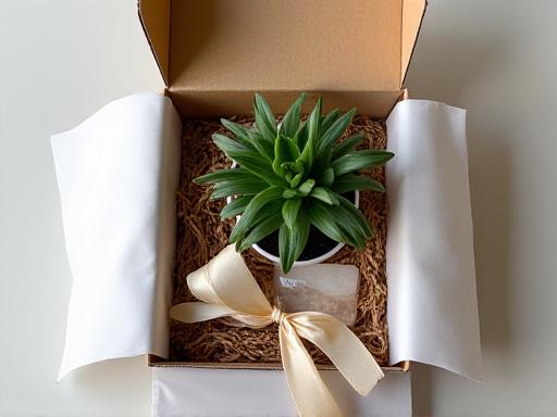 Una confezione regalo elegante contenente una piccola pianta e un cristallo.