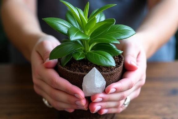 Mani che posizionano un cristallo vicino a una pianta in vaso.